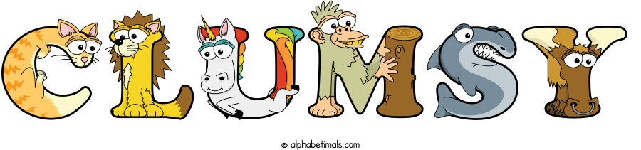 Clumsy animal word art spelling Clumsy with Alphabetimals - cartoon alphabet animals
