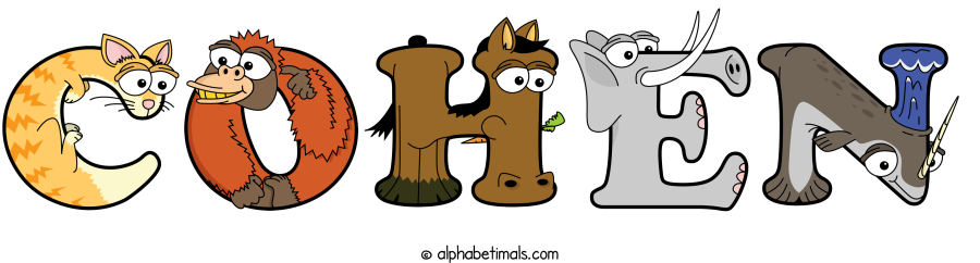 Cohen animal word art spelling Cohen with Alphabetimals - cartoon alphabet animals