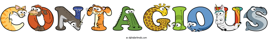 Contagious animal word art spelling Contagious with Alphabetimals - cartoon alphabet animals