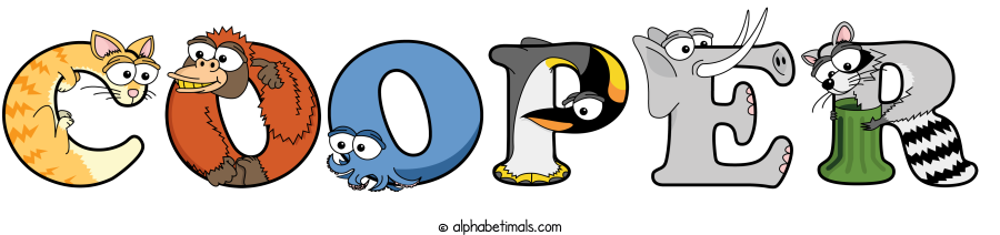 Cooper animal word art spelling Cooper with Alphabetimals - cartoon alphabet animals