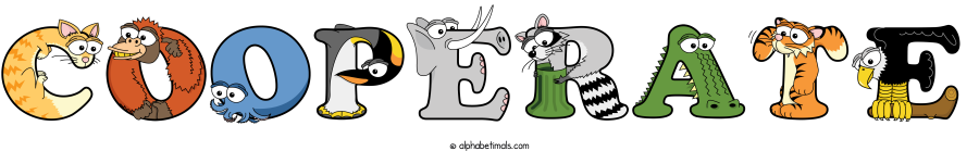 Cooperate animal word art spelling Cooperate with Alphabetimals - cartoon alphabet animals