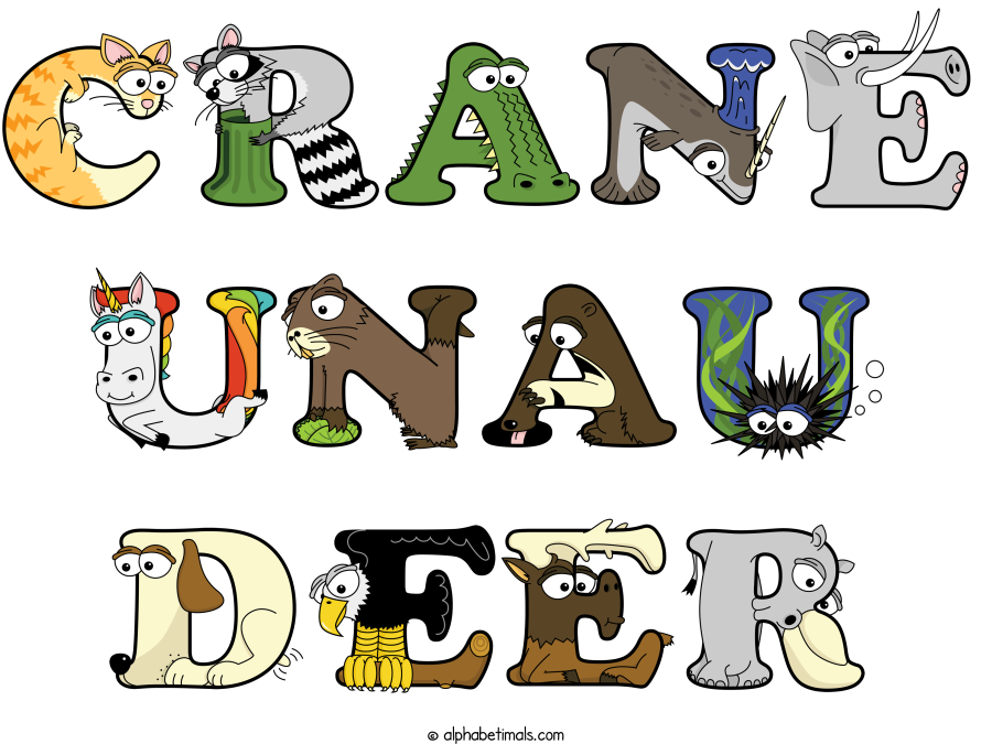 Crane Unau Deer animal word art spelling Crane Unau Deer with Alphabetimals - cartoon alphabet animals