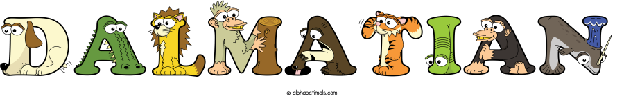 Dalmatian animal word art spelling Dalmatian with Alphabetimals - cartoon alphabet animals