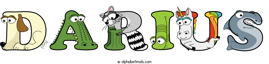 Darius animal word art spelling Darius with Alphabetimals - cartoon alphabet animals