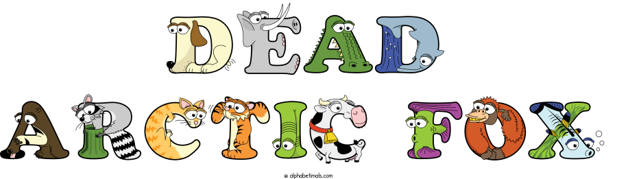 Dead Arctic Fox animal word art spelling Dead Arctic Fox with Alphabetimals - cartoon alphabet animals