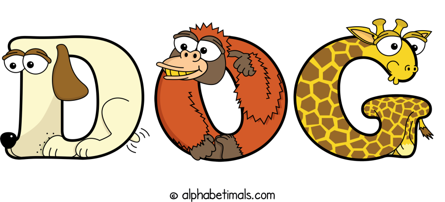 Dog animal word art spelling Dog with Alphabetimals - cartoon alphabet animals