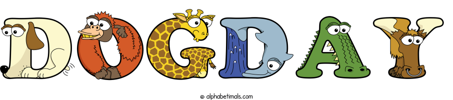 Dogday animal word art spelling Dogday with Alphabetimals - cartoon alphabet animals