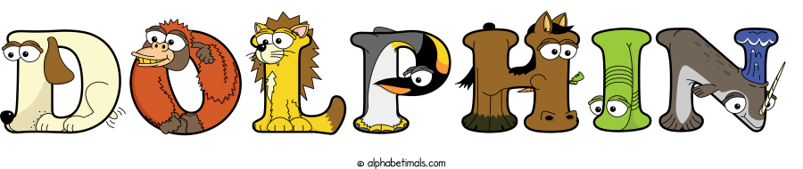 Dolphin animal word art spelling Dolphin with Alphabetimals - cartoon alphabet animals