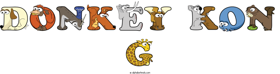 Donkey Kon G animal word art spelling Donkey Kon G with Alphabetimals - cartoon alphabet animals