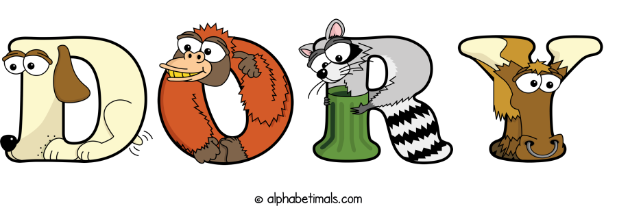 Dory animal word art spelling Dory with Alphabetimals - cartoon alphabet animals