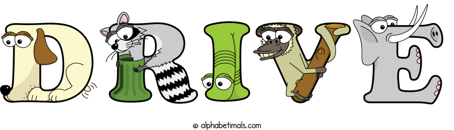 Drive animal word art spelling Drive with Alphabetimals - cartoon alphabet animals
