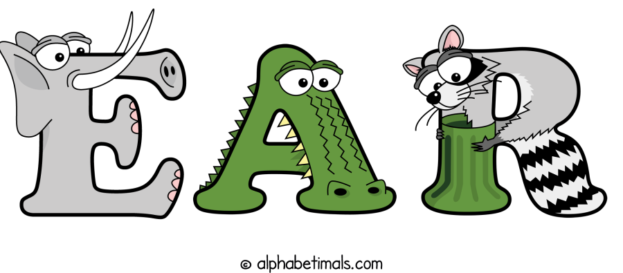 Ear animal word art spelling Ear with Alphabetimals - cartoon alphabet animals