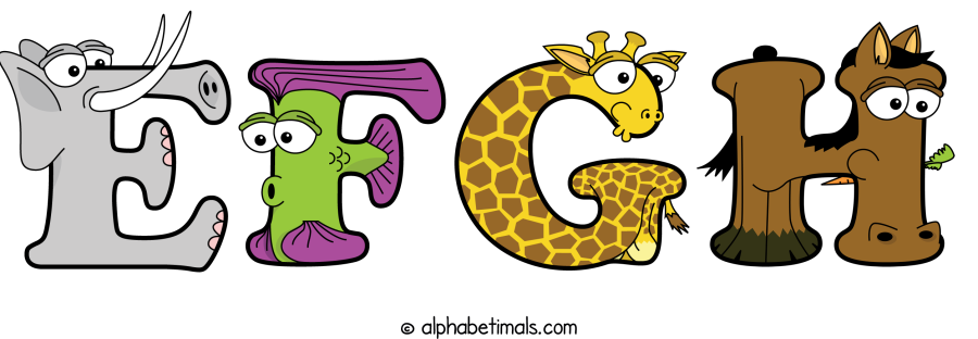 Efgh animal word art spelling Efgh with Alphabetimals - cartoon alphabet animals