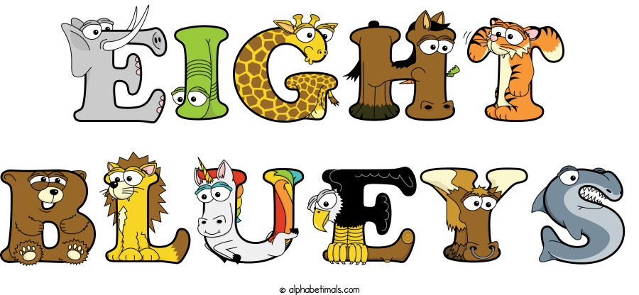 Eight Blueys animal word art spelling Eight Blueys with Alphabetimals - cartoon alphabet animals