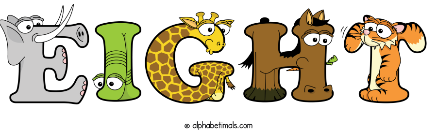 Eight animal word art spelling Eight with Alphabetimals - cartoon alphabet animals