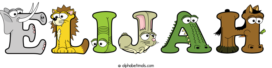 Elijah animal word art spelling Elijah with Alphabetimals - cartoon alphabet animals