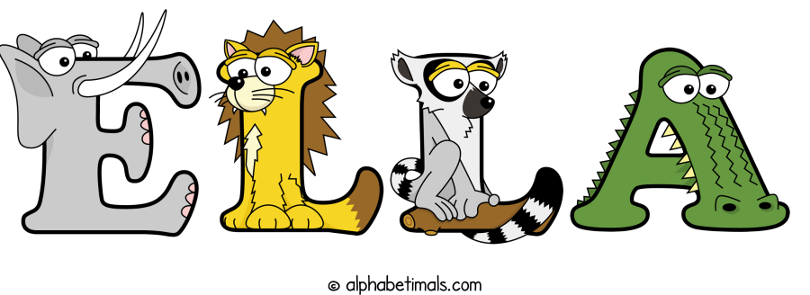 Ella animal word art spelling Ella with Alphabetimals - cartoon alphabet animals