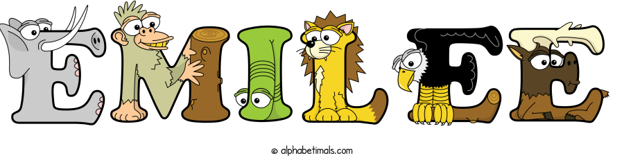 Emilee animal word art spelling Emilee with Alphabetimals - cartoon alphabet animals