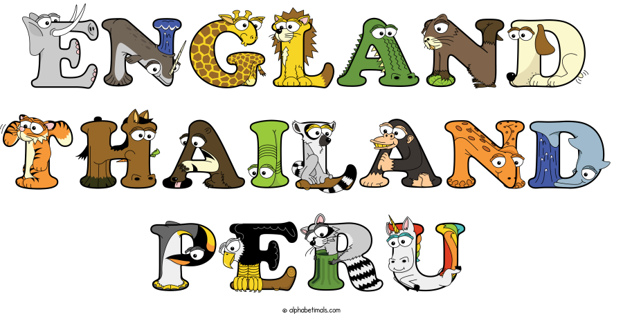 England Thailand Peru animal word art spelling England Thailand Peru with Alphabetimals - cartoon alphabet animals