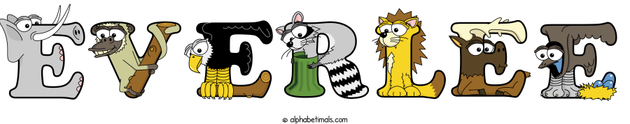 Everlee animal word art spelling Everlee with Alphabetimals - cartoon alphabet animals