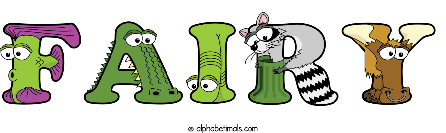 Fairy animal word art spelling Fairy with Alphabetimals - cartoon alphabet animals