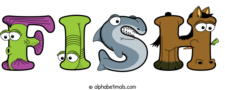 Fish animal word art spelling Fish with Alphabetimals - cartoon alphabet animals