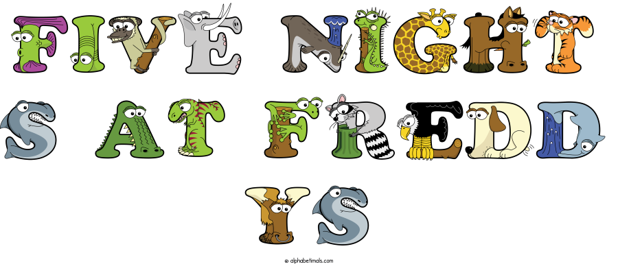 Five Night S At Fredd Ys animal word art spelling Five Night S At Fredd Ys with Alphabetimals - cartoon alphabet animals