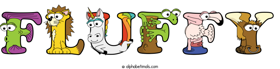 Fluffy animal word art spelling Fluffy with Alphabetimals - cartoon alphabet animals