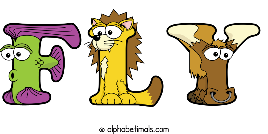 Fly animal word art spelling Fly with Alphabetimals - cartoon alphabet animals