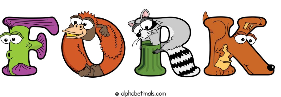 Fork animal word art spelling Fork with Alphabetimals - cartoon alphabet animals