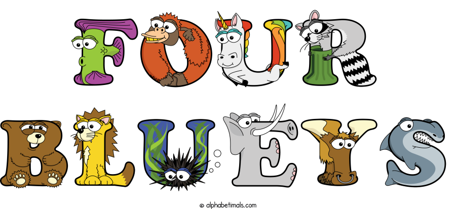 Four Blueys animal word art spelling Four Blueys with Alphabetimals - cartoon alphabet animals