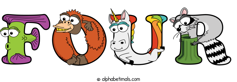 Four animal word art spelling Four with Alphabetimals - cartoon alphabet animals