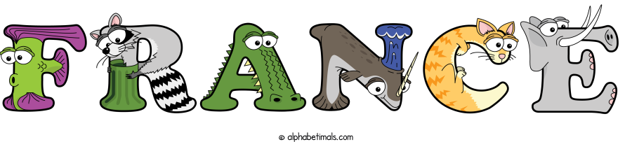 France animal word art spelling France with Alphabetimals - cartoon alphabet animals