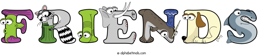 Friends animal word art spelling Friends with Alphabetimals - cartoon alphabet animals