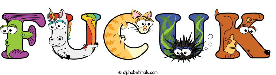 Fucuk animal word art spelling Fucuk with Alphabetimals - cartoon alphabet animals