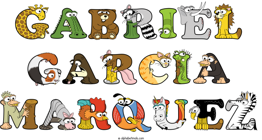 Gabriel Garcia Marquez animal word art spelling Gabriel Garcia Marquez with Alphabetimals - cartoon alphabet animals