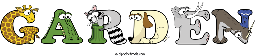 Garden animal word art spelling Garden with Alphabetimals - cartoon alphabet animals