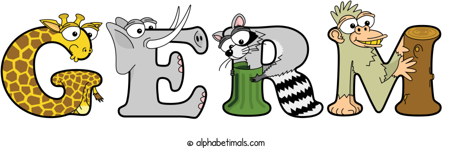 Germ animal word art spelling Germ with Alphabetimals - cartoon alphabet animals