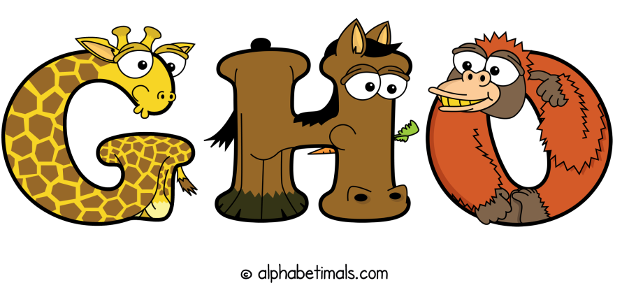 Gho animal word art spelling Gho with Alphabetimals - cartoon alphabet animals