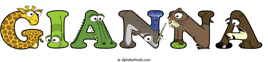 Gianna animal word art spelling Gianna with Alphabetimals - cartoon alphabet animals