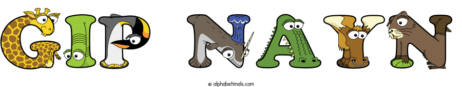 Gip Nayn animal word art spelling Gip Nayn with Alphabetimals - cartoon alphabet animals