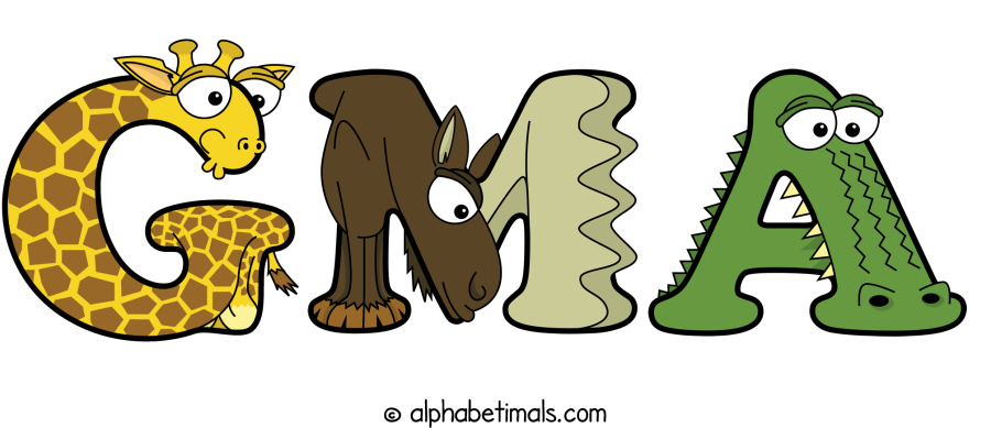 Gma animal word art spelling Gma with Alphabetimals - cartoon alphabet animals