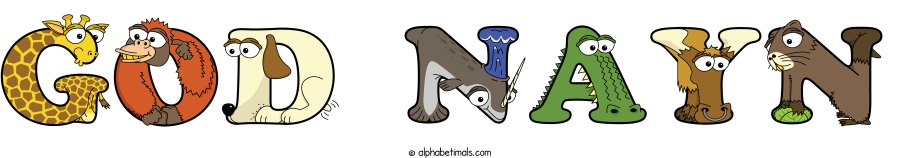 God Nayn animal word art spelling God Nayn with Alphabetimals - cartoon alphabet animals