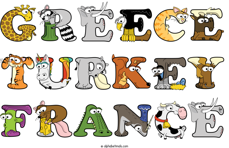 Greece Turkey France animal word art spelling Greece Turkey France with Alphabetimals - cartoon alphabet animals