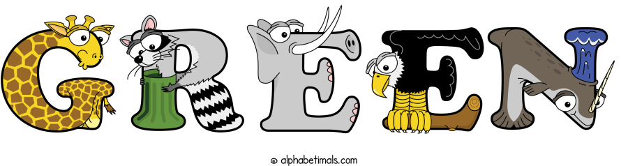 Green animal word art spelling Green with Alphabetimals - cartoon alphabet animals