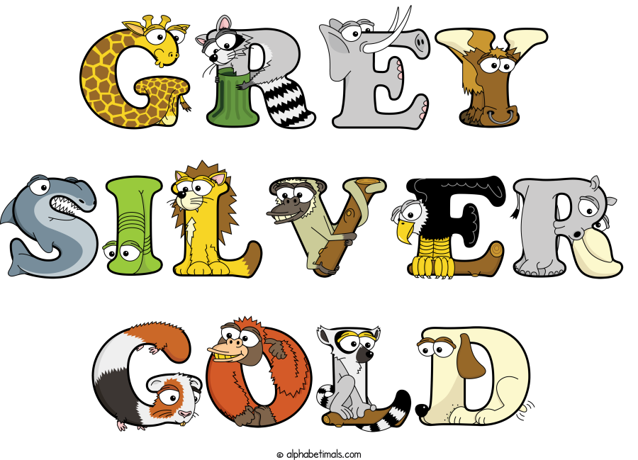 Grey Silver Gold animal word art spelling Grey Silver Gold with Alphabetimals - cartoon alphabet animals