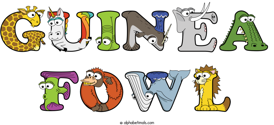 Guinea Fowl animal word art spelling Guinea Fowl with Alphabetimals - cartoon alphabet animals