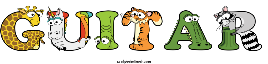 Guitar animal word art spelling Guitar with Alphabetimals - cartoon alphabet animals