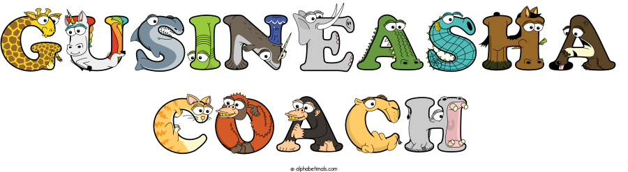 Gusineasha Coach animal word art spelling Gusineasha Coach with Alphabetimals - cartoon alphabet animals