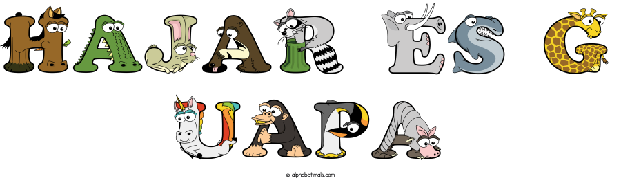 Hajar Es G Uapa animal word art spelling Hajar Es G Uapa with Alphabetimals - cartoon alphabet animals